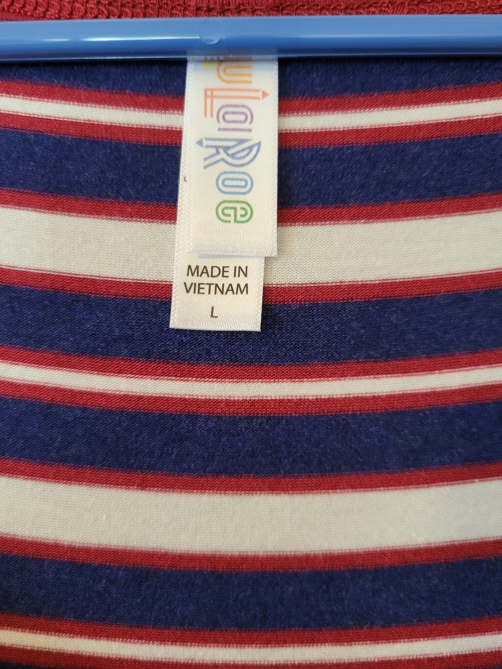 LuLaRoe Classic Striped Scoop Neck Top - Navy, White & Burgundy w Blue Leggings - Picture 5 of 5